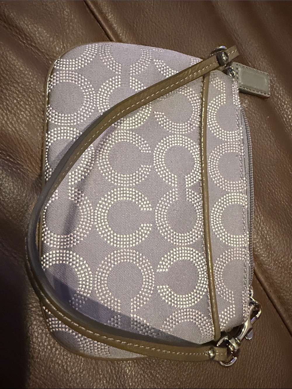 Coach Wristlet Pouch in Light Gray with Tan Strap